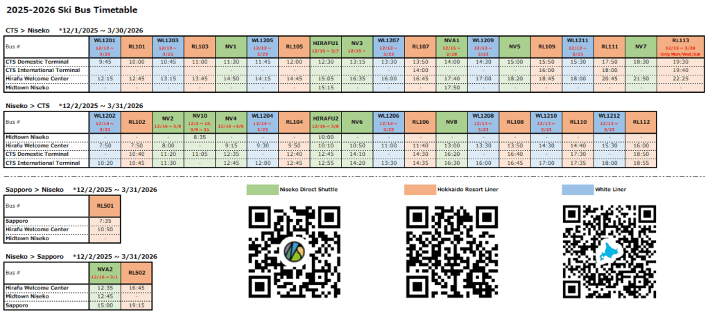 2025-2026 Ski Bus Timetable - Niseko Hirafu 4-jo 1-3-3, Kutchan-cho, Abuta-gun, Hokkaido, Japan 044-0087